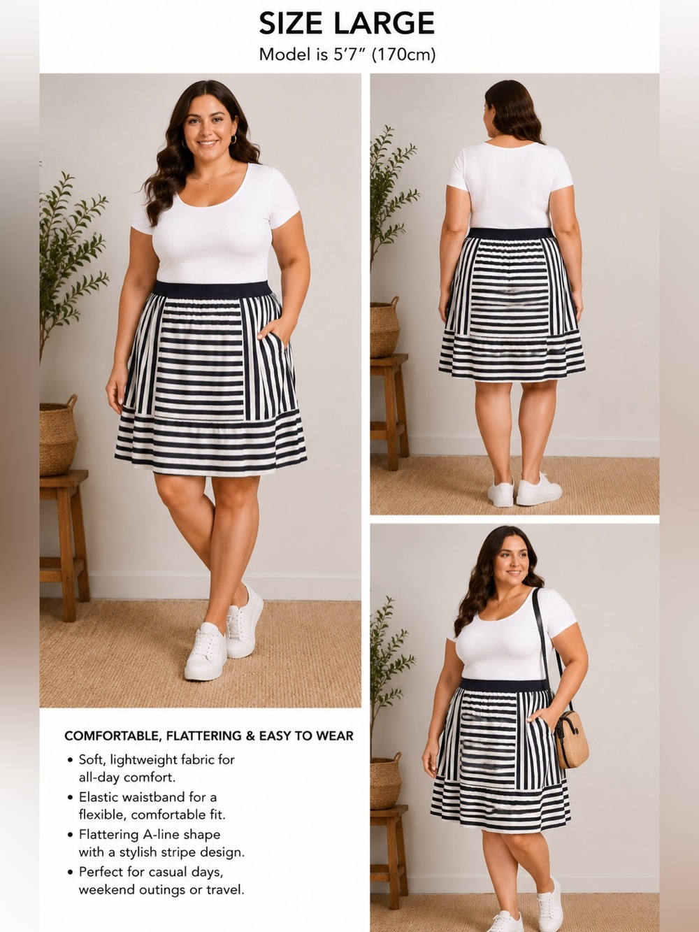 NEW Rhyme Los Angeles Vertical/Horizontal Stripes Lined Mini Skirt Large